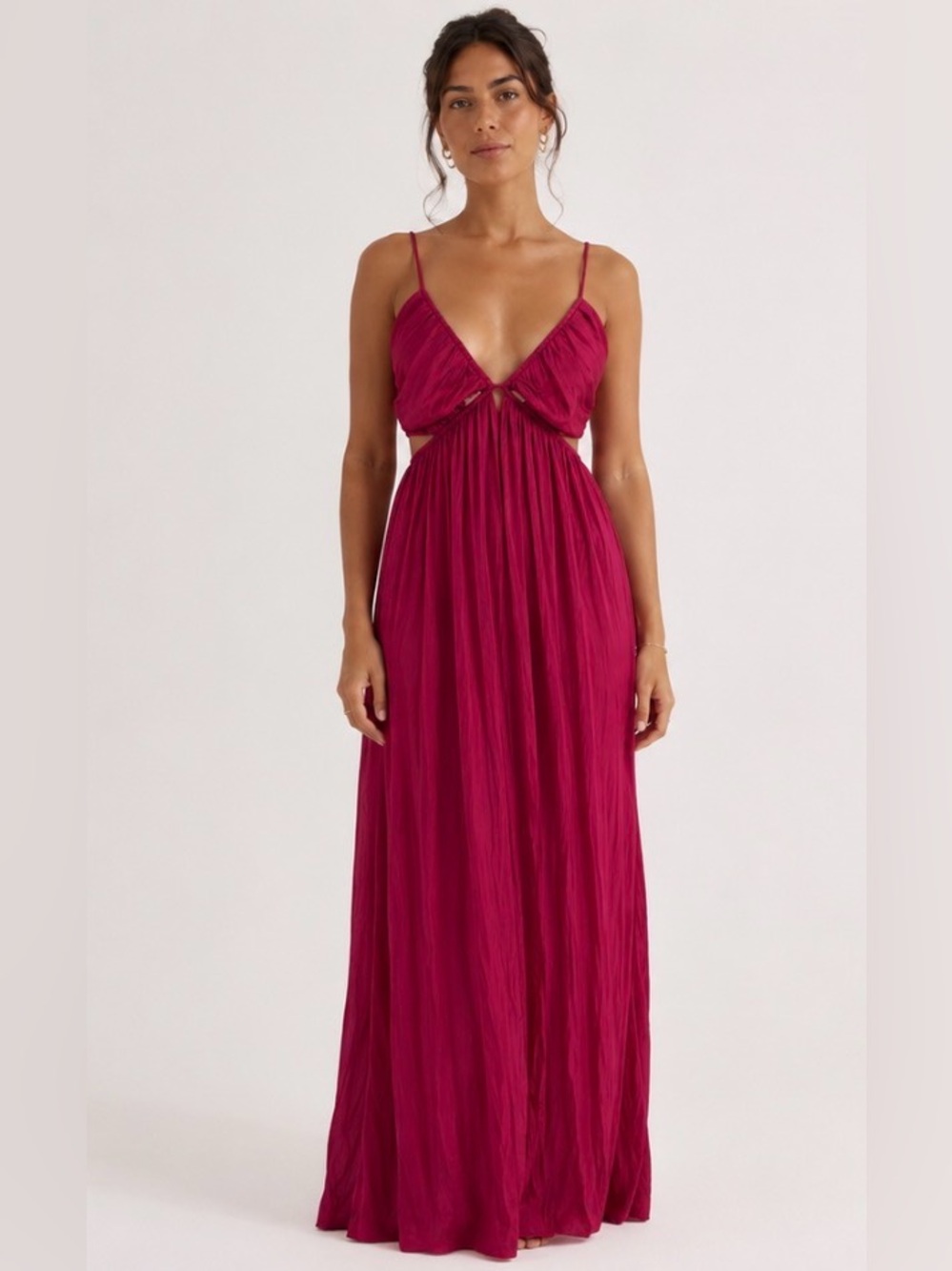Zara Fuchsia Pleated Cutout Maxi Dress Satin Look Open Back Size M Boho Chic NEW
